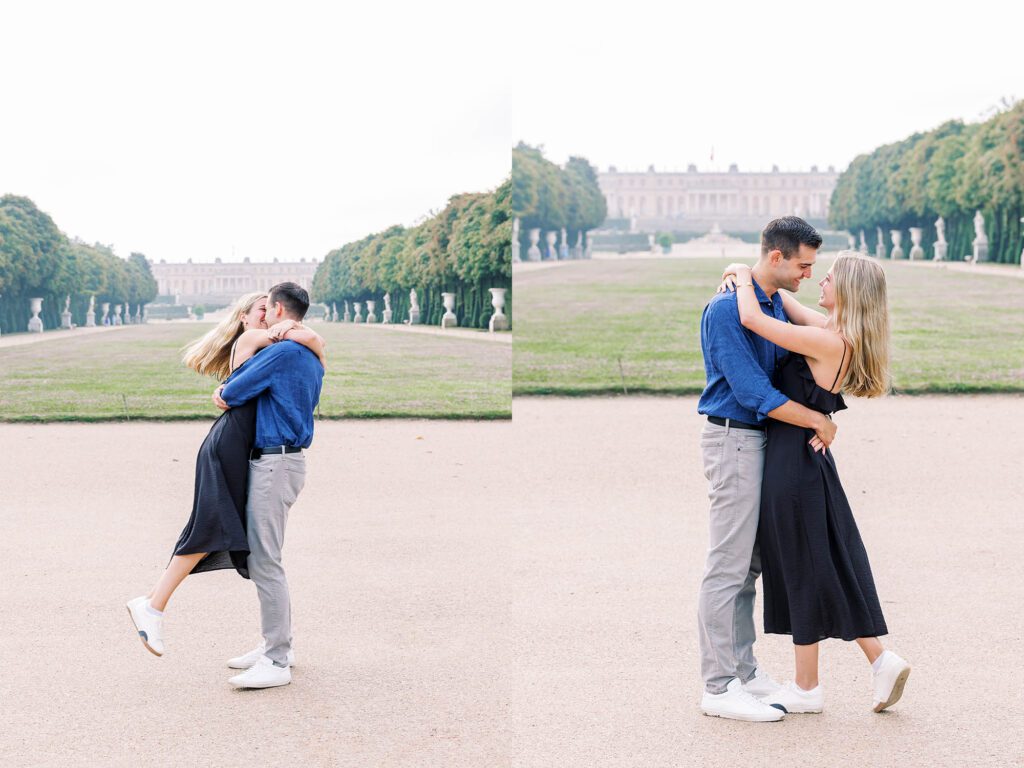 romantic  and fun portrait of a couple at the palace of versailles