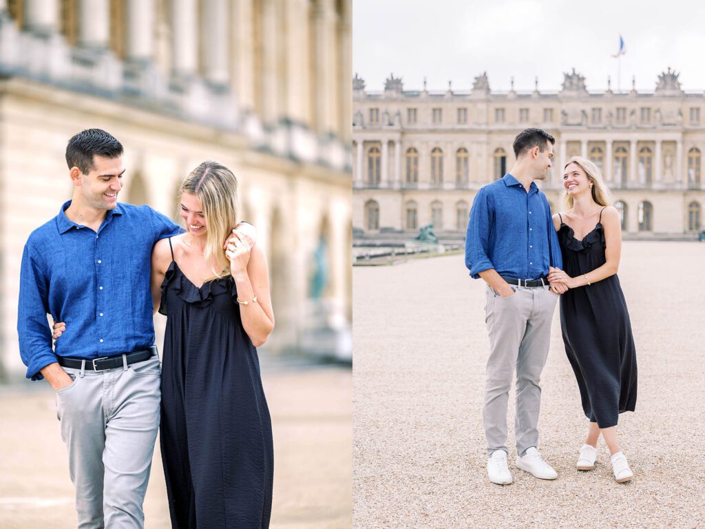 romantic portraits of a couple at the palace of versailles laughing